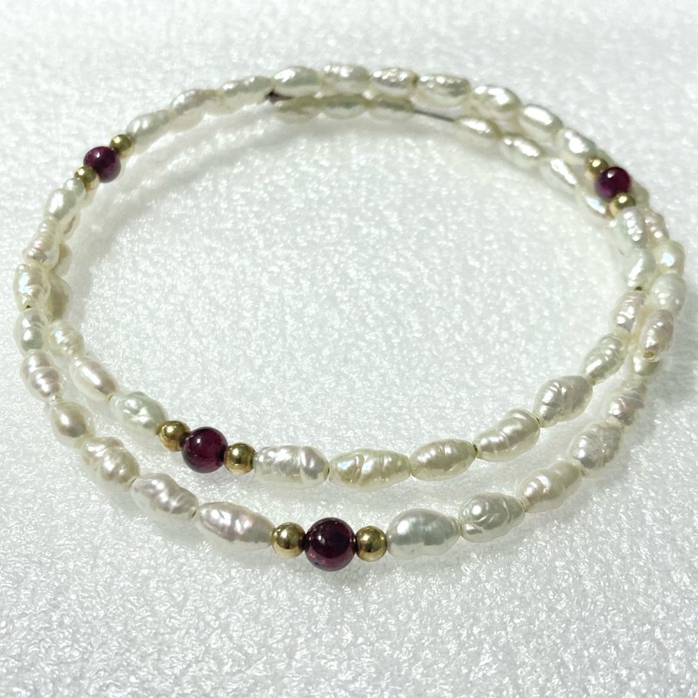 Rice Pearl & Rhodolite Garnet Bead Wire Wrap Bracelet sz LG